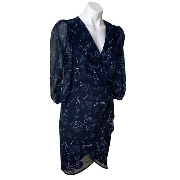 Halogen Navy Floral Wrap Dress, Sheer Puff Sleeves & Tulip Hem Women's Size M - Picture 4 of 10